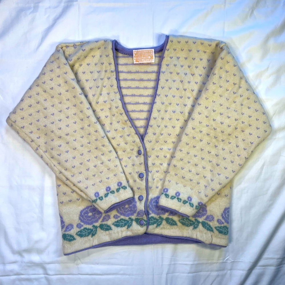 Vintage Pendleton Button Up Sweater / Cardigan 100% Wool Knit Lavender Florals